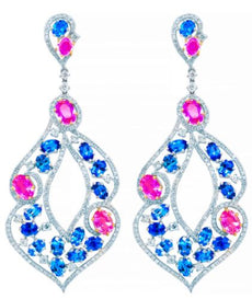EXTRA LARGE 17.32CT DIAMOND & AAA PINK & BLUE SAPPHIRE 18KT WHITE GOLD EARRINGS