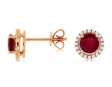 ESTATE 1.09CT DIAMOND & AAA RUBY 14KT ROSE GOLD CLASSIC ROUND HALO STUD EARRINGS