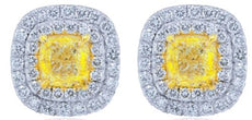 3.92CT WHITE & FANCY YELLOW DIAMOND 18KT 2 TONE GOLD 3D CUSHION & ROUND EARRINGS