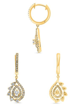 ESTATE .75CT DIAMOND 14KT YELLOW GOLD DOUBLE TEAR DROP JOURNEY HANGING EARRINGS