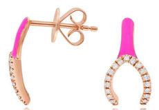 .10CT DIAMOND & PINK ENAMEL 14KT ROSE GOLD 3D LUCKY HORSESHOE HANGING EARRINGS