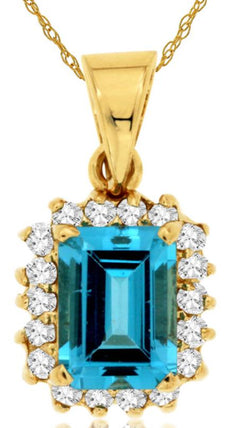 1.32CT DIAMOND & AAA BLUE TOPAZ 14K YELLOW GOLD EMERALD CUT & ROUND HALO PENDANT