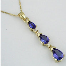 1.34CT DIAMOND AAA TANZANITE 14KT YELLOW GOLD PEAR SHAPE 3 STONE JOURNEY PENDANT