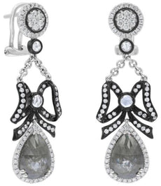 LARGE 5.83CT WHITE & ICE DIAMOND 18K WHITE & BLACK GOLD TEAR DROP LOVE EARRINGS