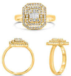 .49CT DIAMOND 14KT YELLOW GOLD ROUND & BAGUETTE CLUSTER DOUBLE HALO OCTAGON RING