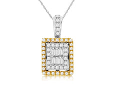 0.33CT DIAMOND 14KT 2 TONE GOLD 3D ROUND & BAGUETTE DOUBLE HALO SQUARE PENDANT