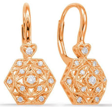 .21CT DIAMOND 14KT ROSE GOLD 3D FILIGREE STAR OCTAGON LEVERBACK HANGING EARRINGS