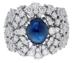 7.36CT DIAMOND & AAA CABOCHON SAPPHIRE 18KT WHITE GOLD OVAL & ROUND FLOWER RING