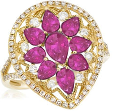 2.51CT DIAMOND & AAA RUBY 14KT YELLOW GOLD 3D PEAR SHAPE & ROUND FLOWER FUN RING