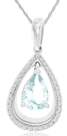 .75CT DIAMOND & AAA AQUAMARINE 14K WHITE GOLD PEAR SHAPE & ROUND CLASSIC PENDANT