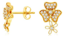 .20CT DIAMOND & WHITE ENAMEL 14K YELLOW GOLD MULTI HEART FLOWER HANGING EARRINGS