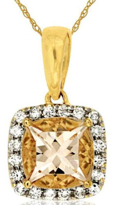 .96CT DIAMOND & AAA MORGANITE 14KT YELLOW GOLD CUSHION & ROUND FLOATING PENDANT