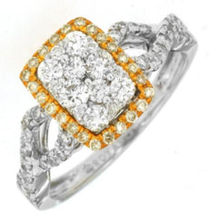 .92CT WHITE & FANCY YELLOW DIAMOND 14KT WHITE GOLD CLUSTER SQUARE HALO LOVE RING