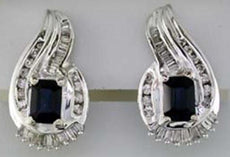 3.20CT DIAMOND & AAA SAPPHIRE 14KT WHITE GOLD ROUND & BAGUETTE HANGING EARRINGS