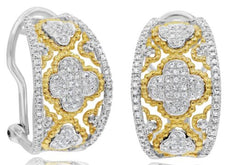 WIDE .60CT DIAMOND 14K 2 TONE GOLD FLOWER OPEN FILIGREE CLIP ON HANGING EARRINGS