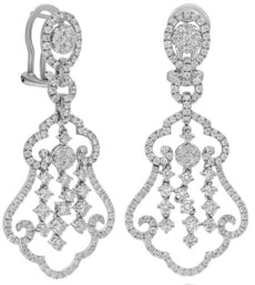 LARGE 3.70CT DIAMOND 18KT WHITE GOLD TEAR DROP FLORAL FILIGREE HANGING EARRINGS