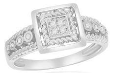 ESTATE .10CT DIAMOND 14K WHITE GOLD SQUARE FILIGREE CLUSTER ROPE DESIGN FUN RING