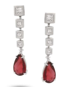 LARGE 5.35CT DIAMOND & AAA RUBY 18K WHITE GOLD PEAR SHAPE BEZEL HANGING EARRINGS