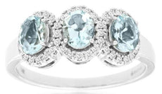 1.06CT DIAMOND & AAA AQUAMARINE 14K WHITE GOLD 3D OVAL & ROUND 3 STONE HALO RING