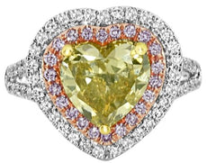 3.01CT WHITE PINK & FANCY YELLOW DIAMOND 18K TRI COLOR GOLD HALO ENGAGEMENT RING