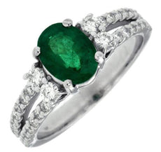 1.75CT DIAMOND & AAA EMERALD 14K WHITE GOLD CLASSIC OVAL & ROUND ENGAGEMENT RING