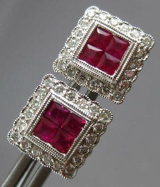 ESTATE 1.26CT DIAMOND & AAA RUBY 18KT WHITE GOLD PRINCESS & ROUND STUD EARRINGS