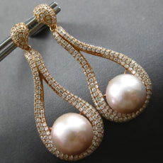 EXTRA LARGE 3.45CT DIAMOND & AAA PINK SOUTH SEA PEARL 18KT ROSE GOLD 3D EARRINGS