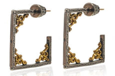 18KT YELLOW GOLD & 925 SILVER HANDCRAFTED SQUARE FILIGREE HOOP HANGING EARRINGS