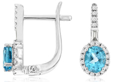 1.0CT DIAMOND & AAA BLUE TOPAZ 14KT WHITE GOLD ROUND & BAGUETTE HANGING EARRINGS