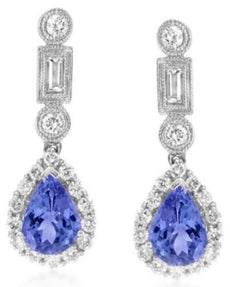 ESTATE 3.29CT DIAMOND & AAA TANZANITE 18K WHITE GOLD FILIGREE TEAR DROP EARRINGS