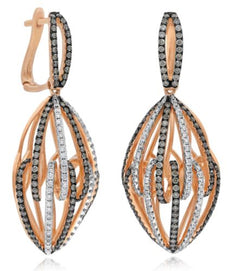 LARGE 2.05CT WHITE & CHOCOLATE FANCY DIAMOND 14K ROSE GOLD 3D LEVERBACK EARRINGS