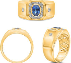 1.34CT DIAMOND & AAA SAPPHIRE 14KT YELLOW GOLD 3D OVAL & ROUND OCTAGON MENS RING