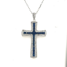 1.56CT DIAMOND & AAA SAPPHIRE 18KT WHITE GOLD 3D CLASSIC CROSS FLOATING PENDANT