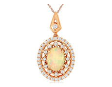 1.38CT DIAMOND & AAA OPAL 14KT ROSE GOLD OVAL FILIGREE FLOWER FLOATING PENDANT