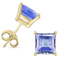 .70CT AAA TANZANITE 14KT YELLOW GOLD 3D PRINCESS SQUARE SOLITAIRE STUD EARRINGS