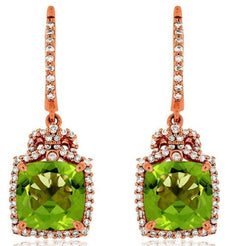 ESTATE 4.62CT DIAMOND & AAA PERIDOT 14K ROSE GOLD SQUARE HALO LEVERBACK EARRINGS