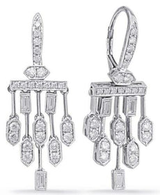 1.20CT DIAMOND 14KT WHITE GOLD 3D ROUND & BAGUETTE CHANDELIER HANGING EARRINGS