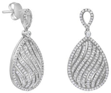ESTATE .92CT DIAMOND 14KT WHITE GOLD 3D MULTI ROW TEAR DROP FUN HANGING EARRINGS