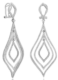 LARGE 2.04CT DIAMOND 14K WHITE GOLD 3D TRIPLE TEAR DROP CLIP ON HANGING EARRINGS