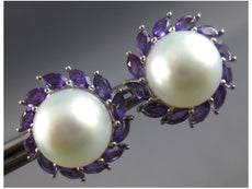 ESTATE LARGE 1.81CT AAA AMETHYST & PINK SOUTH SEA PEARL 14KT WHITE GOLD STUD EARRINGS