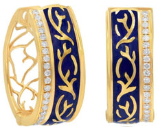 WIDE .30CT DIAMOND & BLUE ENAMEL 18K ROSE GOLD 3D OPEN FILIGREE HANGING EARRINGS