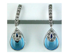 ESTATE 4.15CT DIAMOND & AAA BLUE TOPAZ 14K WHITE GOLD TEAR DROP HANGING EARRINGS