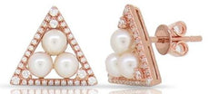 .24CT DIAMOND & AAA SOUTH SEA PEARL 14KT ROSE GOLD 3D TRIANGULAR STUD EARRINGS