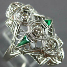 WIDE ART DECO .36CT OLD MINE DIAMOND & AAA EMERALD 14K WHITE GOLD 3D RING #27348