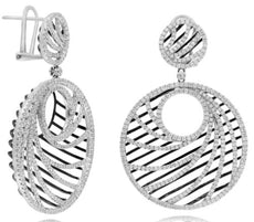 LARGE 4.0CT DIAMOND 18KT WHITE GOLD 3D CIRCULAR SWIRL CLIP ON HANGING EARRINGS