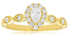 .50CT DIAMOND 14KT YELLOW GOLD ROUND & PEAR SHAPE HALO FILIGREE ENGAGEMENT RING