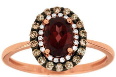 1.28CT WHITE & MOCHA DIAMOND & AAA RHODOLITE 14KT ROSE GOLD OVAL HALO LOVE RING