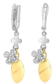 .20CT DIAMOND 18KT 2 TONE GOLD DOUBLE FLOWER OVAL FUN FLOATING HANGING EARRINGS