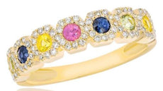 .86CT DIAMOND & AAA MULTI COLOR SAPPHIRE 14K YELLOW GOLD FLORAL RAINBOW FUN RING