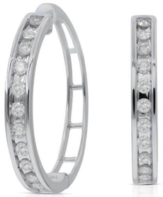 1.0CT DIAMOND 14KT WHITE GOLD ROUND CLASSIC CHANNEL HUGGIE HOOP HANGING EARRINGS